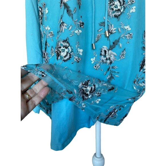 Skye's The Limit Top Blouse Plus S 1X Blue Mesh Floral Embroidery Long Sleeve - Picture 8 of 10